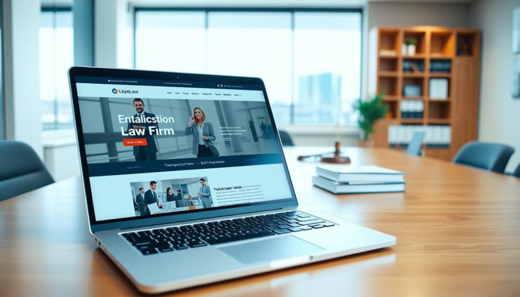 A modern law firm website interface displayed on a sleek laptop in a professional office setting. In the foreground, the laptop screen showcases a clean, user-friendly design with visually appealing layout elements, such as high-quality imagery of legal professionals in business attire, smooth navigation bars, and fast-loading indicators. The middle ground features a polished wooden desk decorated with a few legal books and a stylish pen, while a large window in the background lets in natural light, creating a warm and inviting atmosphere. The focus is on the seamless digital experience reflecting efficacy and trust. Use soft, bright lighting to emphasize professionalism and clarity, shot from a slightly elevated angle to capture both the laptop and the surrounding office environment.