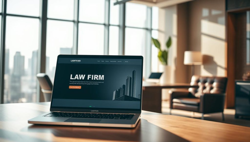A modern law firm website interface, displayed prominently on a sleek computer screen in an upscale office. The foreground features a professional-looking desktop setup, including a stylish laptop with a clean, minimalist design, showcasing a sophisticated website layout for a law firm. In the middle ground, an elegant wooden desk and a plush leather chair convey professionalism. In the background, large windows with natural light streaming in, revealing a city skyline. The atmosphere is bright and welcoming, emphasizing trust and competence. Soft shadows add depth, while warm tones create a sense of comfort. The angle captures both the desk and the screen to highlight the web hosting aspect prominently.