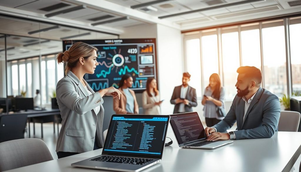 A modern office environment depicting website migration, with a professional team of diverse individuals collaborating around a large digital screen showing complex data visualizations. In the foreground, a businesswoman in smart attire points at the screen, engaged in discussion with a colleague. In the middle ground, a man types on a laptop with lines of code displayed, while another team member analyzes charts on a tablet. The background features a sleek office design with soft lighting and large windows, casting natural light and creating an inspiring atmosphere. The image should evoke a sense of teamwork, innovation, and technical expertise with a focus on digital transformation.