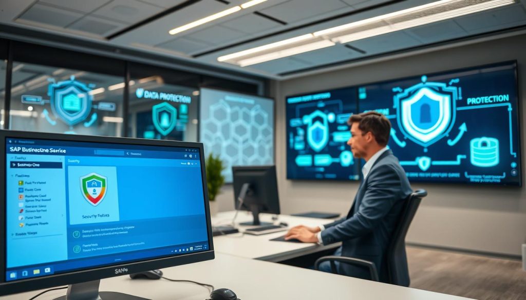 A modern office environment emphasizing security measures in digital operations. In the foreground, a sleek computer workstation displays a vibrant SAP Business One dashboard with security features highlighted. The middle ground features a professional individual in business attire attentively monitoring the system, exuding a sense of focus and responsibility. In the background, large screens showcase data protection graphics and security protocols in action, with soothing blue and green colors creating a sense of trust and reliability. Soft, natural lighting illuminates the room, enhancing the atmosphere of professionalism and security. The angle is slightly elevated, allowing a panoramic view of the workspace while ensuring clarity on the technology at play.