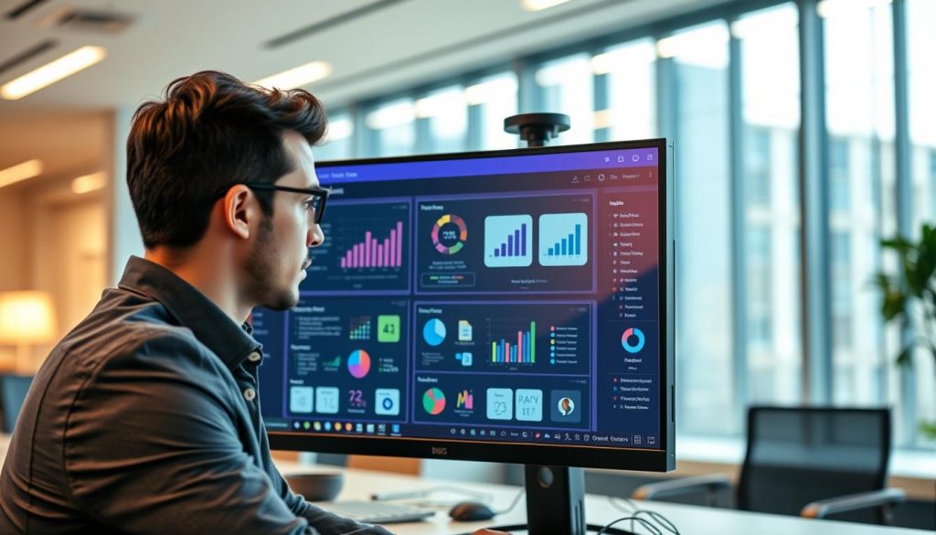 A modern office environment featuring a computer screen displaying a user-friendly Microsoft Access online interface, showcasing a seamless database migration process. In the foreground, a business professional, dressed in smart casual attire, is focused on the screen, with a thoughtful expression. In the middle ground, various charts and database icons are visible on the screen, illustrating key data analytics. The background reveals a sleek office with large windows allowing natural light to stream in, creating a bright and inviting atmosphere. Use a shallow depth of field to emphasize the subject and screen, with soft, warm lighting to evoke a sense of productivity and innovation. The overall mood is collaborative and forward-thinking, reflecting the ease and effectiveness of cloud solutions.