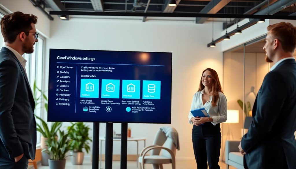 A modern office environment featuring a large digital screen displaying various options for Windows Server settings. In the foreground, a diverse group of three professionals—two men and one woman—are engaged in discussion, all dressed in smart business attire. The middle ground highlights the digital screen with vivid graphics illustrating different operating system choices, such as Windows Server versions, setup options, and icons representing flexibility. The background includes a sleek, minimalistic office decor with ambient lighting creating a warm atmosphere, featuring plants and stylish furniture. The scene is captured from a slightly elevated angle to emphasize the interaction between the team and the screen, conveying a mood of collaboration and innovation in cloud hosting technology.