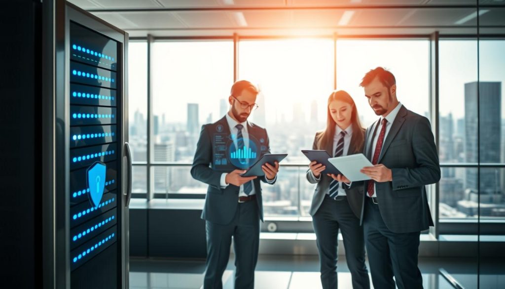 A modern office environment featuring a secure cloud hosting server in the foreground, symbolizing robust data protection. The server is sleek and metallic, adorned with glowing blue lights indicating active security measures. In the middle ground, a diverse group of professionals—two men and a woman—dressed in business attire, are intently discussing data security on digital tablets. High-tech displays with data analytics charts and security icons are visible behind them, enhancing the sense of a high-tech workspace. The background shows a panoramic view of a city skyline through large glass windows, with soft daylight pouring in, creating a bright and optimistic atmosphere. The overall mood is one of confidence and technological advancement, emphasizing the security and efficiency provided by cloud hosting.
