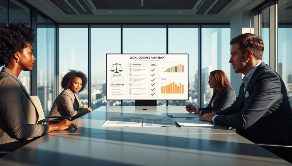 A modern office environment featuring a sleek conference room table with a digital document displaying legal compliance checklists and charts. In the foreground, a diverse group of three professionals, one Black woman and two Caucasian men, are engaged in a focused discussion, wearing professional business attire. In the middle, a large screen shows an infographic with elements such as scales of justice, regulatory symbols, and check marks, emphasizing the importance of legal compliance. The background contains a large window with cityscape views, allowing natural light to fill the room, creating a bright and engaging atmosphere. Soft shadows accentuate the professionalism of the scene, with a slight depth of field effect to draw attention to the foreground subjects. The overall mood is serious yet collaborative, reflecting a commitment to legal and regulatory standards.