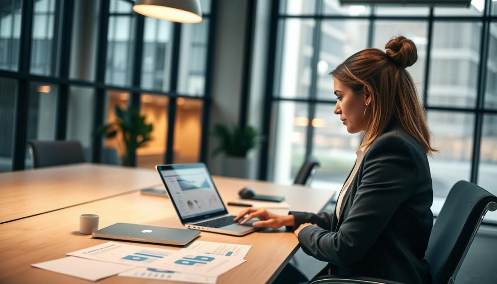 A modern office environment featuring a sleek desk with a sophisticated laptop displaying the Sage cloud hosting interface. In the foreground, a professional woman in business attire is deeply engaged in her work, analyzing financial data on the screen. The middle ground showcases papers and a digital tablet with charts and graphs that represent financial management. In the background, large windows let in natural light, illuminating the room with a warm, inviting glow. The ambiance is focused and productive, reflecting a sense of efficiency and innovation. Use soft, diffused lighting to create a contemporary feel, and employ a slight depth of field to emphasize the foreground elements. The angle should be slightly elevated to capture the entire scene effectively.