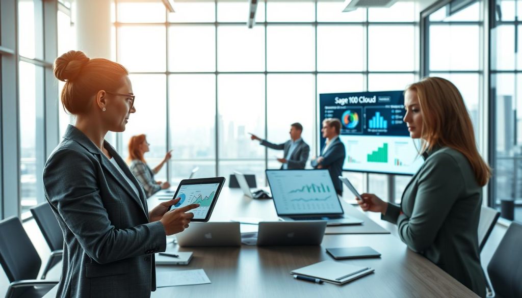 A modern office environment featuring a sleek, open workspace where professionals collaborate around a large table with laptops and documents. In the foreground, a confident businesswoman in a smart blazer examines a digital dashboard on her tablet, showcasing graphs and analytics from Sage 100 Cloud hosting. The middle ground features team members engaged in discussion, some pointing at a large screen displaying the Sage 100 Cloud interface and its features. Soft, natural lighting filters through large windows, creating a bright and inviting atmosphere. In the background, a city skyline is visible, symbolizing connectivity and efficiency. The overall mood is one of productivity and innovation, highlighting the operational benefits of a hosted environment.