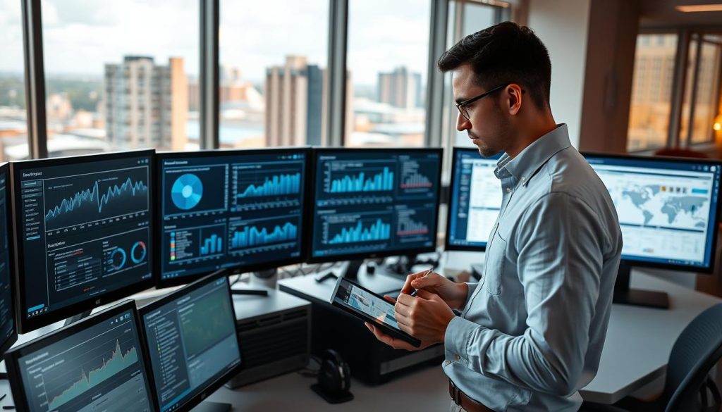 A modern office environment featuring multiple computer monitors displaying real-time data analytics and cloud hosting metrics. In the foreground, a professional IT specialist dressed in smart casual attire is intently observing the screens, taking notes on a tablet. The middle layer includes various technological devices such as servers and networking equipment further enhancing the monitoring activity. In the background, large windows let in natural light, creating a bright and airy atmosphere, with a cityscape of New Orleans visible beyond. The scene is illuminated with soft, warm lighting to evoke a sense of proactive engagement and innovation. The overall mood is focused, productive, and tech-savvy, emphasizing the importance of remote monitoring in modern cloud hosting solutions.