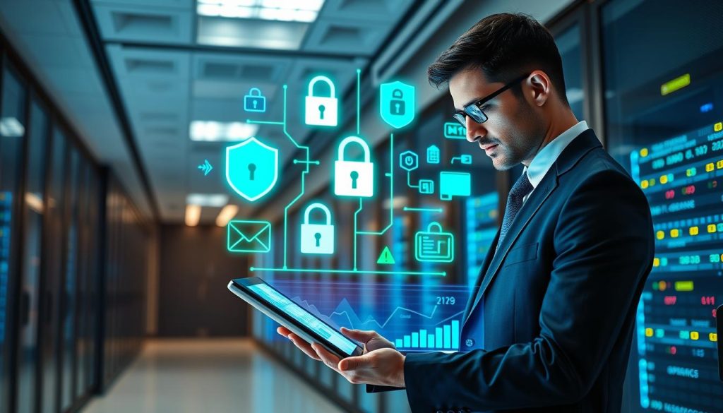 A modern office environment focused on data security. In the foreground, a professional in a sharp business suit is examining a secure digital interface on a sleek tablet, showcasing graphs and security analytics. The middle layer features an array of advanced cybersecurity elements, like digital padlocks, firewall icons, and encrypted data streams, all presented in vibrant blue and green tones to symbolize safety and trust. The background depicts a high-tech server room with illuminated servers, soft overhead lighting creating a calm and focused atmosphere. The angle should be slightly elevated for a comprehensive view, capturing the essence of security and compliance in a digital age. The overall mood is secure, professional, and optimistic, aligned with enhancing safety standards.