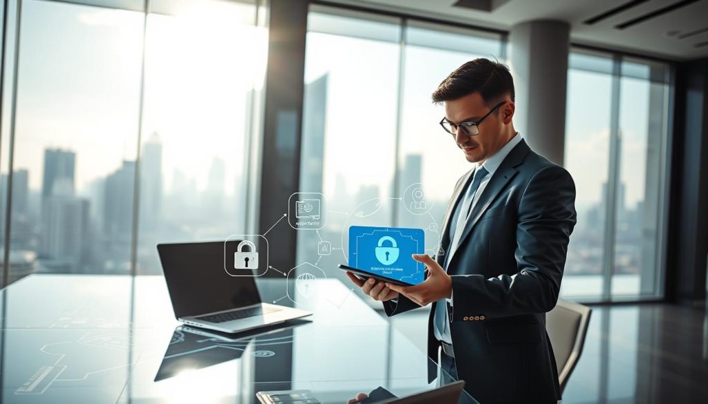 A modern office environment focused on security standards and data privacy compliance. In the foreground, a confident business professional in a crisp suit examines a digital tablet displaying security protocols and encryption algorithms. The middle of the image features a sleek glass desk with a high-tech laptop, surrounded by abstract icons representing cloud security, firewalls, and data encryption. The background showcases a futuristic city skyline visible through large windows, bathed in soft daylight filtering through, creating a bright and professional atmosphere. The image should convey a sense of trust and advanced technology, with clean lines and a harmonious color palette of blue and white to symbolize security and reliability. The angle should be slightly from above, capturing both the detail of the foreground and the expansive city view behind.