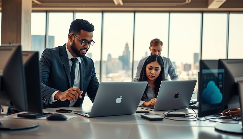 A modern office environment in Minneapolis, showcasing a diverse group of professionals working collaboratively at sleek desks filled with technology. In the foreground, a mid-aged African-American IT specialist in business attire is providing support to a young Hispanic woman, who is looking at a laptop with focused interest. In the middle ground, another professional, a Caucasian man, is discussing cloud data on a large screen. The background features a panoramic view of Minneapolis' skyline through large windows, with natural light pouring in, creating a warm and inviting atmosphere. The lighting is bright and clean, enhancing a sense of innovation and efficiency. The overall mood is dynamic and productive, highlighting the value of managed IT services.
