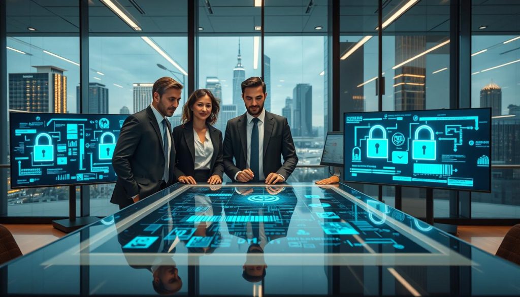 A modern office environment portraying "oracle information security" with a focus on cybersecurity practices. In the foreground, a diverse group of three professionals in smart business attire collaborates around a sleek, high-tech table displaying digital security analytics on a transparent screen. In the middle ground, large digital monitors show various security protocols and data encryption visuals glowing in blue and green hues. The background features a futuristic cityscape through glass walls, hinting at a tech-forward future. The scene is illuminated with bright, warm lighting, creating an atmosphere of innovation and vigilance. The framing is wide-angle to capture the entire setting, emphasizing professionalism and a commitment to security.