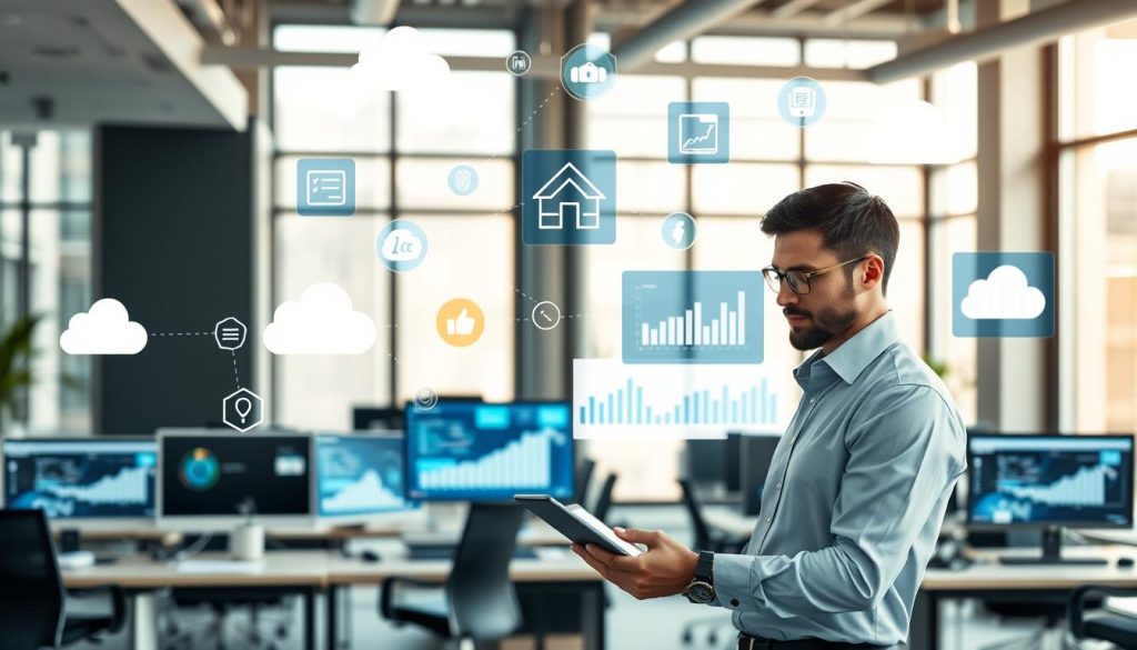 A modern office environment representing software integration, with a focus on various digital devices and screens displaying interconnected applications. In the foreground, a business professional in smart casual attire, analyzing data on a tablet, surrounded by floating icons of cloud services, apps, and integration symbols. In the middle ground, sleek computers and workstations show graphs and charts illustrating compatibility across platforms. The background features a bright, airy office space with large windows, allowing soft natural light to illuminate the scene, creating an atmosphere of innovation and productivity. The overall mood is collaborative and efficient, showcasing the seamless flow of information and the effectiveness of cloud hosting in managing digital workloads.