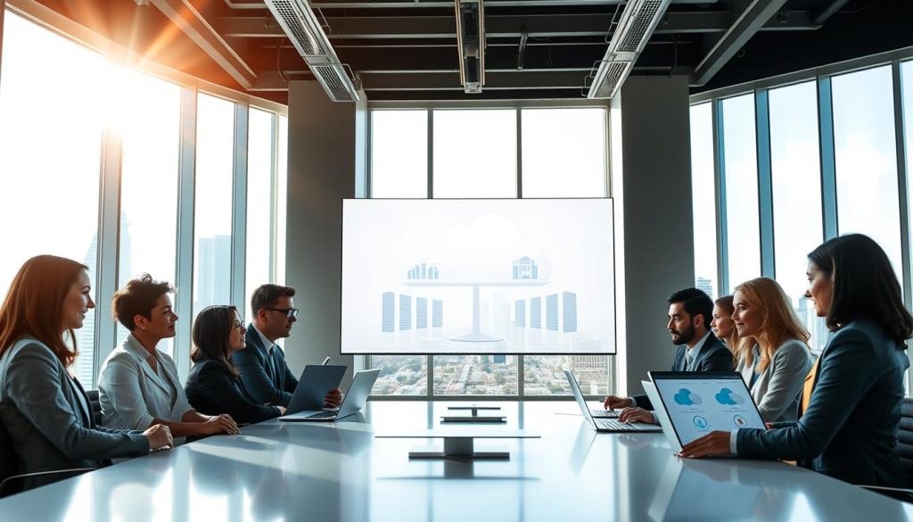 A modern office environment showcasing a balance between local control and cloud scalability. In the foreground, a diverse group of professionals, dressed in business attire, are engaged in discussion around a sleek conference table with laptops open, displaying cloud infrastructure diagrams. The middle ground features a large digital screen displaying a balanced scale graphic, with local servers on one side and cloud icons on the other, symbolizing balance. In the background, large windows reveal a city skyline of Los Angeles under a bright, clear sky, with sunlight streaming in, creating a warm and productive atmosphere. Soft, diffused lighting enhances the professional setting, while the angle captures both the dynamic interaction of the team and the expansive view of the city.