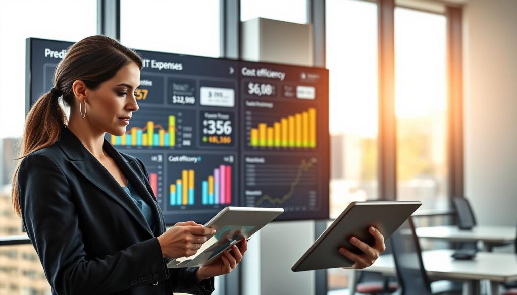 A modern office environment showcasing a digital dashboard displaying predictable IT expenses, with graphs and charts representing cost efficiency. In the foreground, a professional woman in business attire is analyzing the data on a tablet, with a focused expression. The middle ground features a large screen with colorful infographics illustrating cloud hosting expenses and resource management metrics. The background shows a bright, well-lit office space with large windows, revealing a sunny day outside. Soft shadows cast by the natural light enhance the clarity of the scene, creating a sense of optimism and productivity. The overall mood is one of professionalism and efficiency, emphasizing smart financial planning in the tech world.