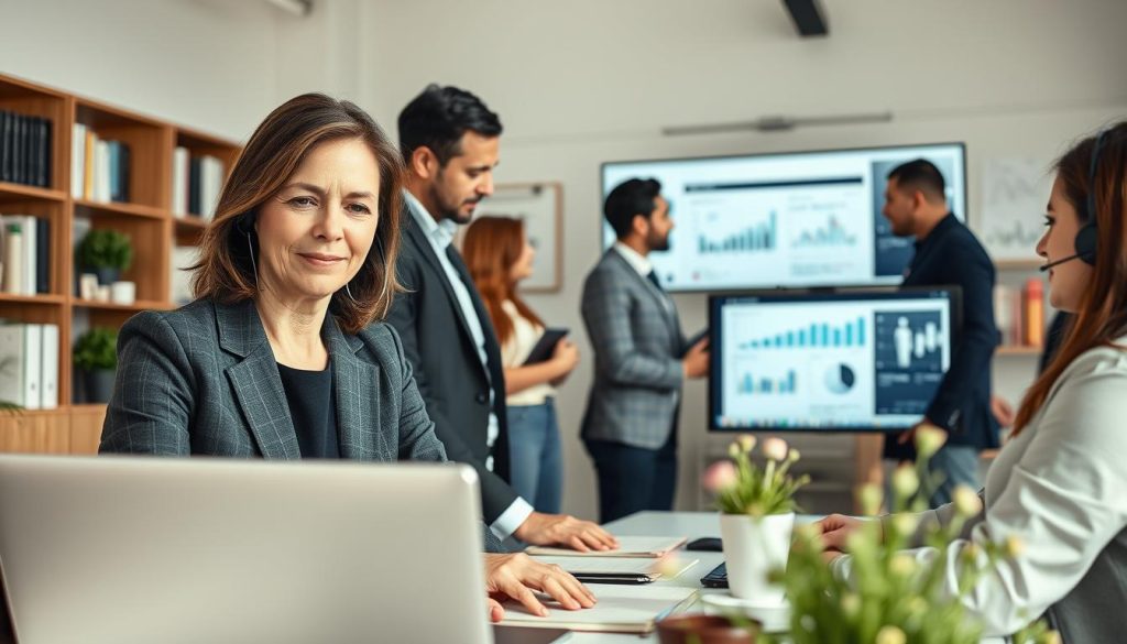A modern office environment showcasing a diverse group of professionals engaged in a supportive technical support scene for Sage 300 Cloud. In the foreground, a middle-aged woman in smart business attire provides assistance on a laptop, exhibiting an expression of focus and care. The middle section reveals a diverse team collaborating, discussing charts and analytics on a large screen, highlighting the importance of communication and teamwork. In the background, shelves filled with technology-related books and certifications enhance the professional atmosphere. Soft, natural lighting floods the room, creating a warm and inviting mood. Captured at a slight angle to give depth and perspective, this image emphasizes reliability and teamwork in technical support services.