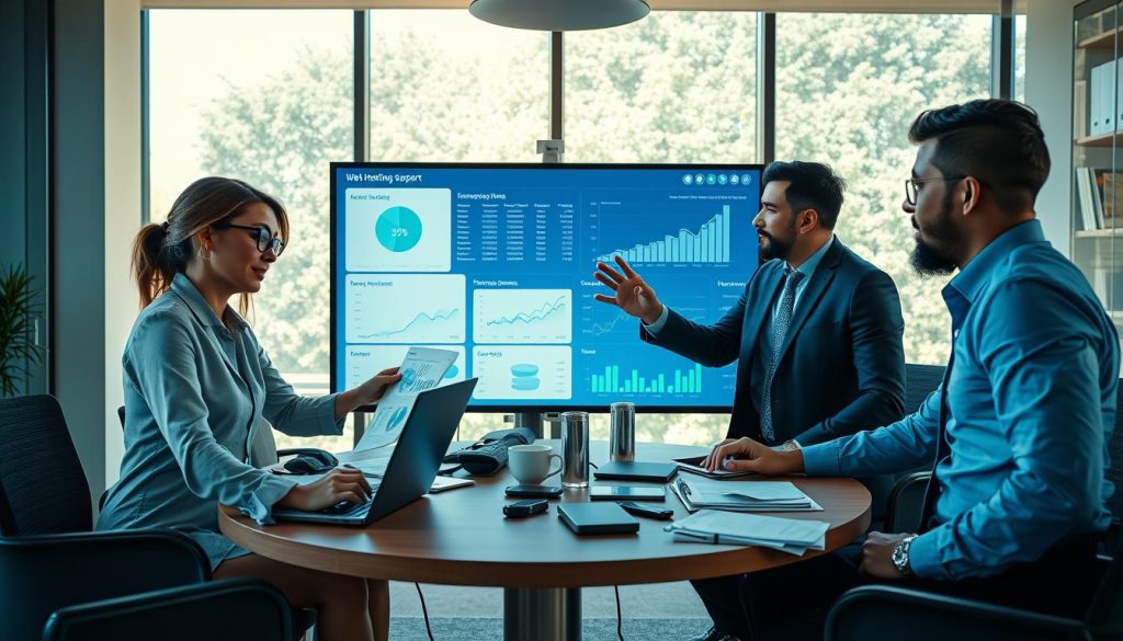 A modern office environment showcasing a diverse group of three professionals in business attire engaged in a collaborative discussion about web hosting support plans. In the foreground, a woman with glasses is analyzing charts on a laptop, while a man gestures towards a large screen displaying server performance metrics. In the middle, a round conference table is cluttered with notepads and tech gadgets, creating a sense of dynamic brainstorming. In the background, large windows let in natural light, casting a warm glow across the room and creating an inviting atmosphere. The color palette features blues and greens, promoting a sense of trust and reliability. The overall mood is focused and professional, emphasizing tailored solutions for specific business needs. A modern office environment showcasing a diverse group of three professionals in business attire engaged in a collaborative discussion about web hosting support plans. In the foreground, a woman with glasses is analyzing charts on a laptop, while a man gestures towards a large screen displaying server performance metrics. In the middle, a round conference table is cluttered with notepads and tech gadgets, creating a sense of dynamic brainstorming. In the background, large windows let in natural light, casting a warm glow across the room and creating an inviting atmosphere. The color palette features blues and greens, promoting a sense of trust and reliability. The overall mood is focused and professional, emphasizing tailored solutions for specific business needs.