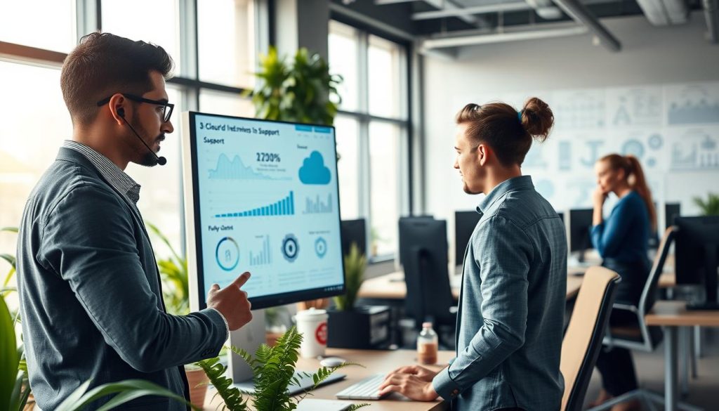 A modern office environment showcasing a diverse team of IT professionals collaborating over cloud hosting solutions. In the foreground, a focused support technician, dressed in smart casual attire, interacts with a large computer screen displaying cloud analytics and support metrics. In the middle ground, another team member is on the phone, ensuring excellent customer service, surrounded by plants for a lively atmosphere. The background features large windows letting in soft natural light, casting a warm glow across the workspace filled with sleek computers and cloud infrastructure diagrams on the walls. The overall mood is dynamic yet professional, highlighting the importance of customer support and service level agreements in cloud hosting. Use a slightly angled perspective to create depth, emphasizing teamwork and collaboration in the tech industry.
