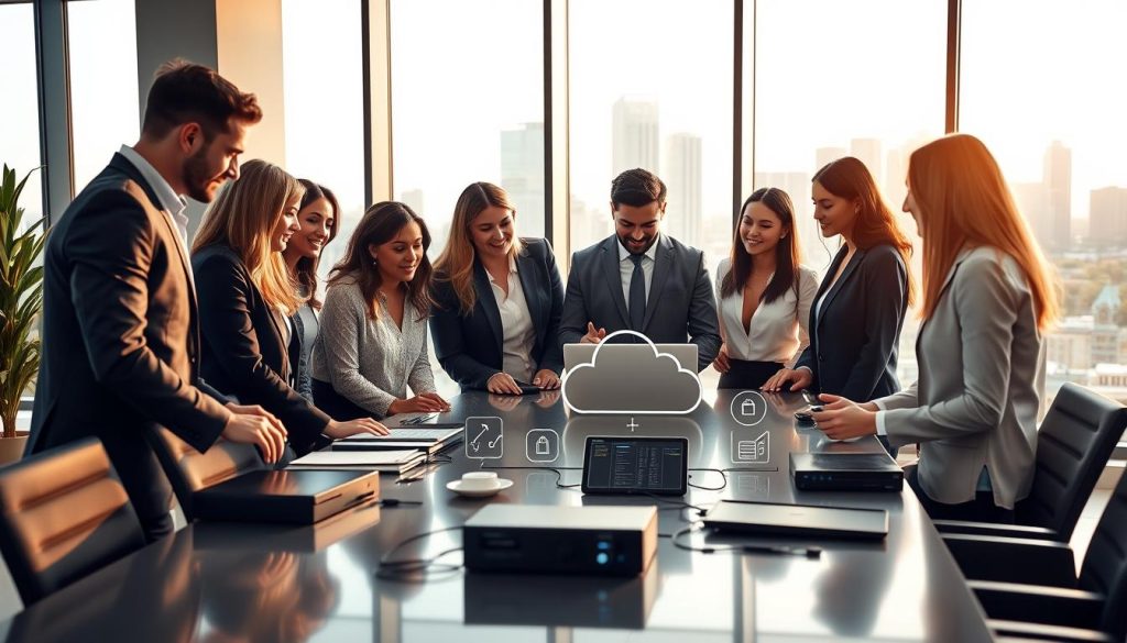 A modern office environment showcasing a managed services provider at work. Foreground features a diverse group of professionals in business attire, engaged in discussion over a laptop, deep in collaboration. In the middle, a sleek conference table with high-tech devices and cloud storage symbols, reflecting the theme of digital management and services. The background displays large windows with a city skyline view, symbolizing growth and opportunity. Warm, natural lighting illuminates the space, casting a positive and professional mood. The angle captures an inviting atmosphere, emphasizing teamwork and partnership in cloud hosting and tech solutions.