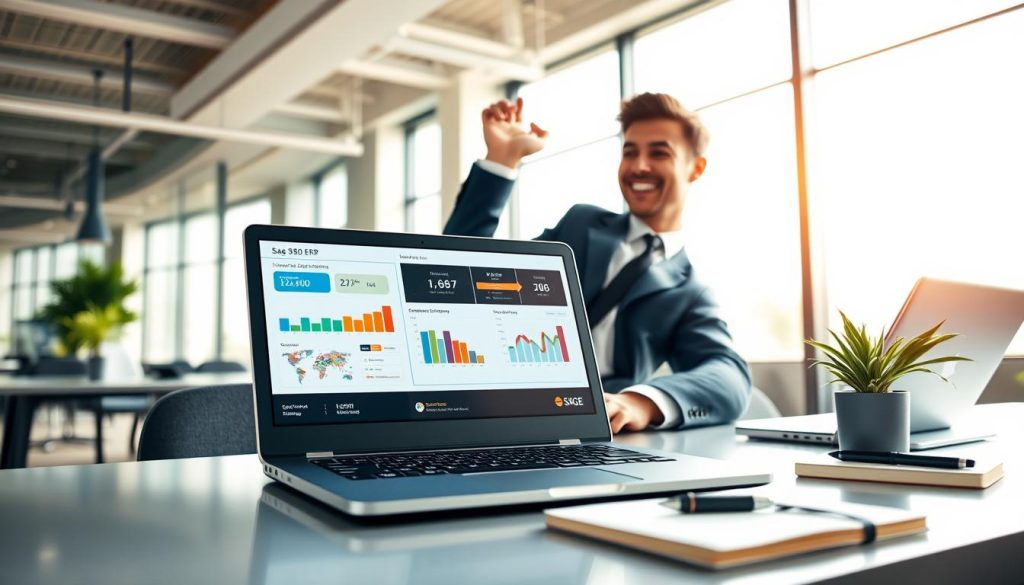 A modern office environment showcasing a professional business person, dressed in smart attire, enthusiastically using a laptop to access the Sage 500 ERP interface. The foreground features a clear view of the laptop screen displaying the Sage 500 dashboard, with colorful graphs and data analytics illustrating improved operational efficiency. In the middle ground, a sleek desk with office essentials such as a notebook, pen, and a potted plant adds to the professional setting. The background reveals a large window with sunlight streaming in, creating a warm and inviting atmosphere. The lighting is bright yet soft, promoting a sense of productivity and focus. The overall mood should convey innovation, connectivity, and the advantages of cloud hosting for remote work.