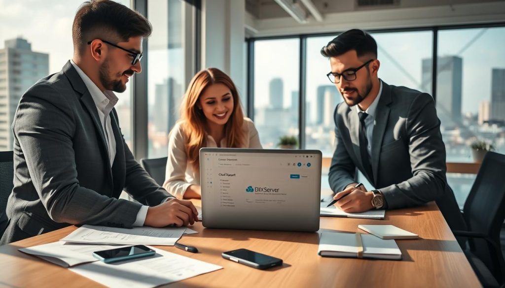 A modern office environment showcasing a small business team engaged in a discussion about cloud hosting solutions. In the foreground, a diverse group of three professionals—two men and one woman—are looking at a laptop displaying the Verito support dashboard. They are dressed in smart casual attire, exuding collaboration and focus. In the middle, the table is cluttered with documents, a smartphone, and a notebook, hinting at a busy workday. In the background, large windows let in natural light, creating a bright and welcoming atmosphere, with urban cityscapes visible outside. Soft shadows add depth to the composition, captured from a slightly elevated angle to give a comprehensive view of the scene. Emphasize the brand "BDIX Server" subtly on the laptop screen.