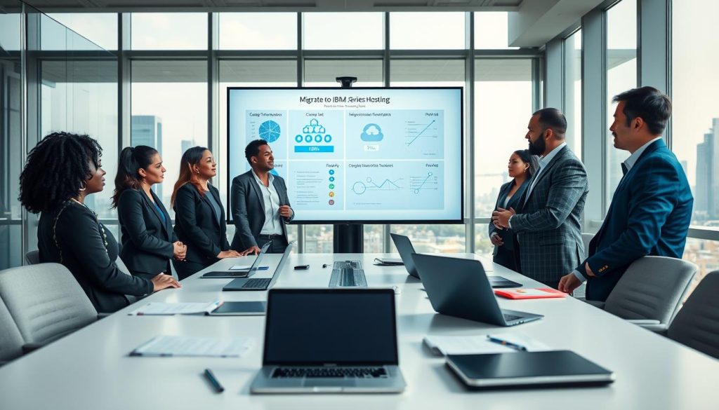 A modern office environment showcasing a strategic planning session for migrating to IBM iSeries cloud hosting. In the foreground, diverse professionals in business attire, including a Black woman and a Caucasian man, are engaged in discussion around a large screen displaying migration data and cloud architecture diagrams. The middle ground features a sleek conference table cluttered with laptops and notepads. In the background, large windows reveal a city skyline, with soft natural light filtering in, creating an inspiring atmosphere. The overall mood is one of focused collaboration and innovation, emphasizing teamwork in the technology sector. Use a wide-angle lens to capture the dynamic interaction and the modern workspace.