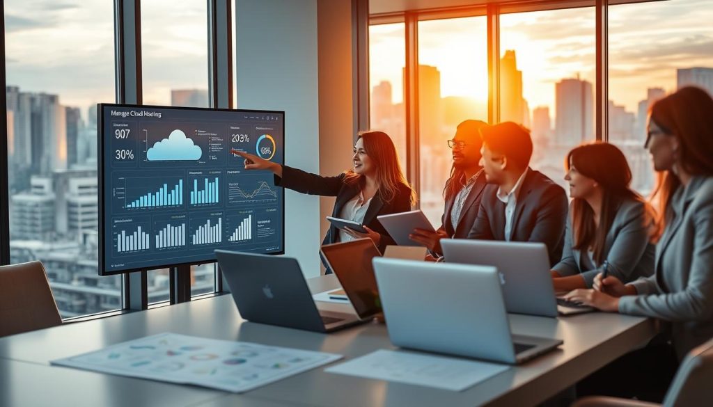 A modern office environment showcasing a team of diverse IT professionals in business attire, collaborating around a high-tech digital interface displaying cloud data analytics and managed cloud hosting solutions. In the foreground, a focused woman points to a screen filled with graphs and performance metrics, while a man, seated beside her, takes notes on a tablet. The middle ground features a sleek conference table with laptops and cloud service diagrams. In the background, large windows reveal a vibrant city skyline, bathed in warm afternoon light, enhancing the atmosphere of innovation and teamwork. The scene conveys professionalism, trust, and a forward-thinking approach to business technology. A modern office environment showcasing a team of diverse IT professionals in business attire, collaborating around a high-tech digital interface displaying cloud data analytics and managed cloud hosting solutions. In the foreground, a focused woman points to a screen filled with graphs and performance metrics, while a man, seated beside her, takes notes on a tablet. The middle ground features a sleek conference table with laptops and cloud service diagrams. In the background, large windows reveal a vibrant city skyline, bathed in warm afternoon light, enhancing the atmosphere of innovation and teamwork. The scene conveys professionalism, trust, and a forward-thinking approach to business technology.
