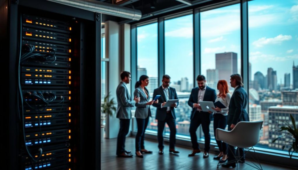 A modern office environment showcasing custom server solutions. In the foreground, a sleek server rack with illuminated LED indicators and neatly arranged cables, emphasizing technological sophistication. In the middle ground, a diverse group of professionals in business attire, engaged in a discussion about server customization options, using laptops and digital displays to illustrate their points. The background features large windows revealing a vibrant cityscape of Minneapolis, bathed in warm, natural light that fills the room. The scene conveys a collaborative and innovative atmosphere, blending technology and teamwork, with a focus on tailored solutions for businesses. The overall mood is dynamic and professional, capturing the essence of modern cloud hosting services.