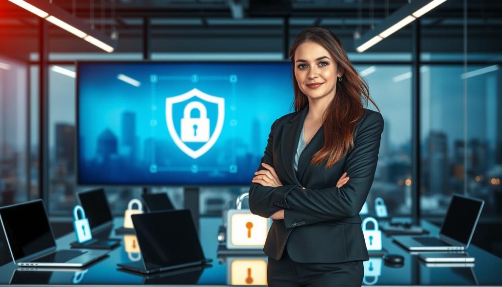 A modern office environment showcasing data security. In the foreground, a professional woman in business attire stands confidently in front of a large digital screen displaying a shield icon with a padlock, symbolizing data protection. In the middle ground, various technological devices like laptops and mobile gadgets are secured with glowing digital locks. The background features a sleek city skyline through a large window, hinting at a bustling tech hub. The lighting is bright and focused on the subject, creating a vibrant, secure atmosphere. Utilize a wide-angle lens effect to emphasize the secure environment and create depth, while conveying a sense of professionalism and trust.