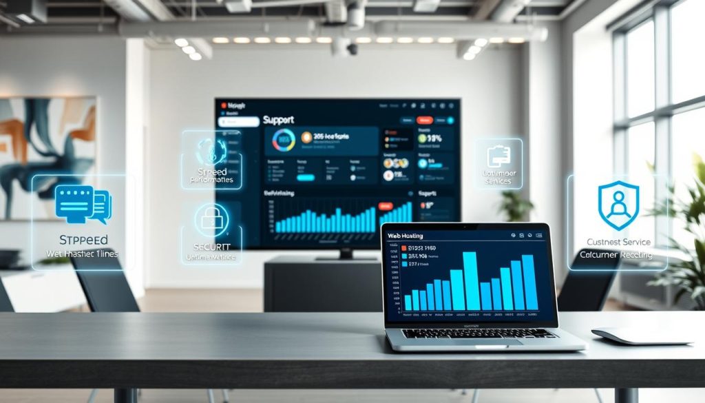 A modern office environment showcasing key features of web hosting plans. In the foreground, a sleek desk with a laptop displaying charts and graphs related to website performance. To the sides, infographics illustrating speed, security, and support depicted as glowing icons. In the middle, a large monitor shows a simplified dashboard, highlighting features like uptime statistics and customer service chat. The background features a bright, airy office with abstract art on the walls and a large window letting in natural light. The atmosphere is professional and tech-savvy, with a color palette of cool blues and grays, creating a sense of trust and reliability in web hosting services. Shot with a soft-focus lens to emphasize the desk and its contents, conveying a contemporary business mood.