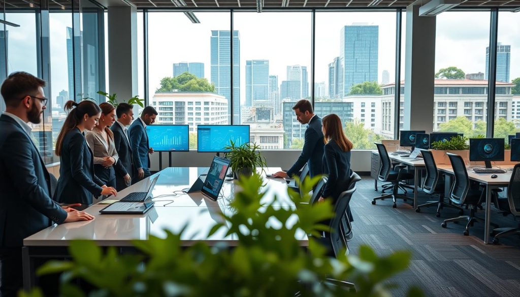 A modern office environment showcasing managed workspace solutions in action. In the foreground, a diverse group of professionals in smart business attire collaborates around a sleek, high-tech conference table with digital screens displaying data analytics. The middle layer features adjustable, contemporary workstations equipped with ergonomic chairs and green plants for an eco-friendly atmosphere. In the background, large windows allow natural light to flood the space, illuminating a city skyline with lush greenery on rooftops. The overall mood is one of innovation and sustainability, with a clean and organized look that emphasizes efficiency. Soft, warm lighting creates a welcoming ambiance, while a slight depth of field effect accentuates the foreground elements to draw the viewer's attention.