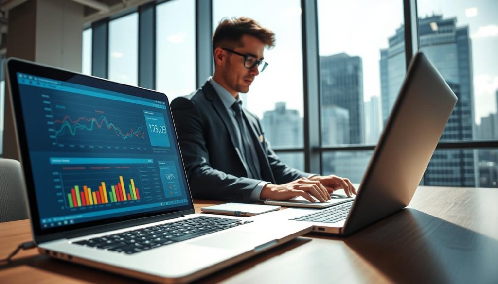 A modern office environment showcasing performance metrics and speed considerations for web hosting. In the foreground, a sleek laptop displays colorful graphs and statistics related to website performance metrics. The middle layer features a professional individual in business attire, typing focusedly; their expression reflects concentration and insight. In the background, large windows let in soft, natural light highlighting a bustling cityscape outside, symbolizing connectivity and technology. The lighting casts subtle shadows, enhancing depth and contrast. The overall atmosphere is one of professionalism and efficiency, emphasizing the importance of speed and performance in web hosting. The image should be crisp and clear, captured from a slightly angled perspective to add dynamism. A modern office environment showcasing performance metrics and speed considerations for web hosting. In the foreground, a sleek laptop displays colorful graphs and statistics related to website performance metrics. The middle layer features a professional individual in business attire, typing focusedly; their expression reflects concentration and insight. In the background, large windows let in soft, natural light highlighting a bustling cityscape outside, symbolizing connectivity and technology. The lighting casts subtle shadows, enhancing depth and contrast. The overall atmosphere is one of professionalism and efficiency, emphasizing the importance of speed and performance in web hosting. The image should be crisp and clear, captured from a slightly angled perspective to add dynamism.