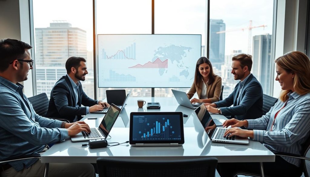 A modern office environment showcasing "sage cloud hosting" in action. In the foreground, a diverse group of four professionals—two men and two women—are collaborating around a sleek conference table, absorbed in discussions, with laptops and digital tablets displaying cloud-based applications. The middle depicts a large wall screen illustrating dynamic graphs and data analytics, symbolizing improved business efficiency. In the background, large windows reveal a bustling cityscape bathed in natural light, conveying a sense of progress and connectivity. The overall atmosphere is vibrant and productive, highlighting the synergy created by managed cloud services. The lighting is bright and inviting, enhancing the professional mood. The image is captured from a slight upward angle to emphasize innovation and teamwork.