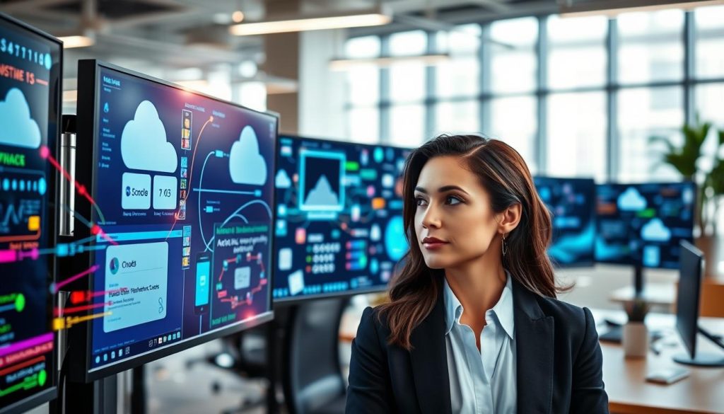A modern office environment showcasing seamless integration hosting, with a professional businesswoman interacting with multiple screens displaying cloud applications and third-party software interfaces. In the foreground, her focused expression displays dedication and efficiency, dressed in smart business attire. In the middle ground, various colorful data streams and network connections visually illustrate the flow of information between applications, emphasizing connectivity and integration. The background features a bright, contemporary workspace with large windows allowing natural light to illuminate the scene, creating a dynamic atmosphere of productivity and collaboration. The composition should be captured with a wide-angle lens, providing a comprehensive view, while maintaining a soft focus on the background elements to ensure the subject stands out.