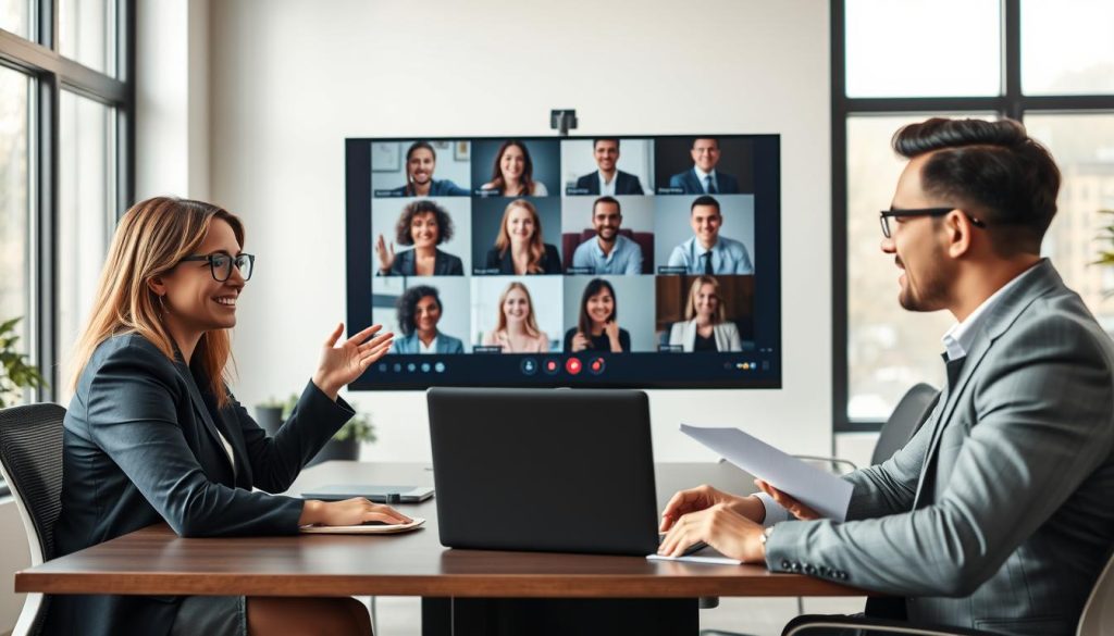 A modern office environment showcasing team collaboration through remote access. In the foreground, a diverse group of three professionals—two women and one man—engaged in a video conference, each at their own home office. They are dressed in smart business attire, with one person leaning on their desk, another gesturing towards a laptop, and the third taking notes. In the middle, a large monitor displays their faces, emphasizing connection despite distance. The background features soft, natural light from large windows, adding warmth to the scene. The atmosphere is focused and collaborative, emphasizing teamwork and productivity. Use a wide-angle lens to capture the depth of the workspace, highlighting their connection and engagement.