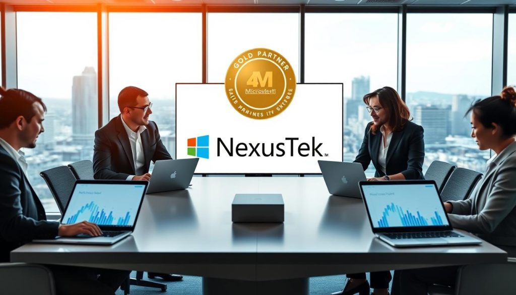 A modern office environment showcasing the NexusTek and Microsoft Gold Partnership. In the foreground, a diverse group of three professionals in business attire collaborate at a sleek conference table with laptops open, displaying digital graphs and cloud hosting visuals. In the middle, a large screen prominently features the NexusTek logo alongside the Microsoft Gold Partner badge, radiating a sense of achievement. The background includes floor-to-ceiling windows with a panoramic view of Denver's skyline, illuminated by soft natural light filtering through. The mood is focused and collaborative, emphasizing innovation and partnership in a high-tech atmosphere, with a professional yet inviting color palette. The image captures a moment of engagement, showcasing teamwork and cutting-edge technology in action.