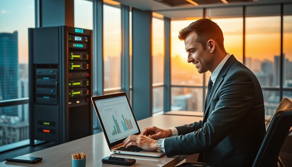 A modern office environment showcasing the concept of "Summit Hosting" for QuickBooks on a sleek computer screen. In the foreground, a well-dressed business professional, focused and engaged with the software, sits at a stylish desk with an open laptop displaying graphs and financial data. In the middle layer, a server rack labeled "BDIX Server" glows softly, illustrating dedicated server power, with cables and indicators showcasing high performance. The background features a large window with a panoramic view of a city skyline bathed in warm, ambient sunlight, creating an optimistic and productive atmosphere. The lighting is bright yet soft, emphasizing professionalism and innovation, captured with a slight depth of field to draw focus to the central elements.