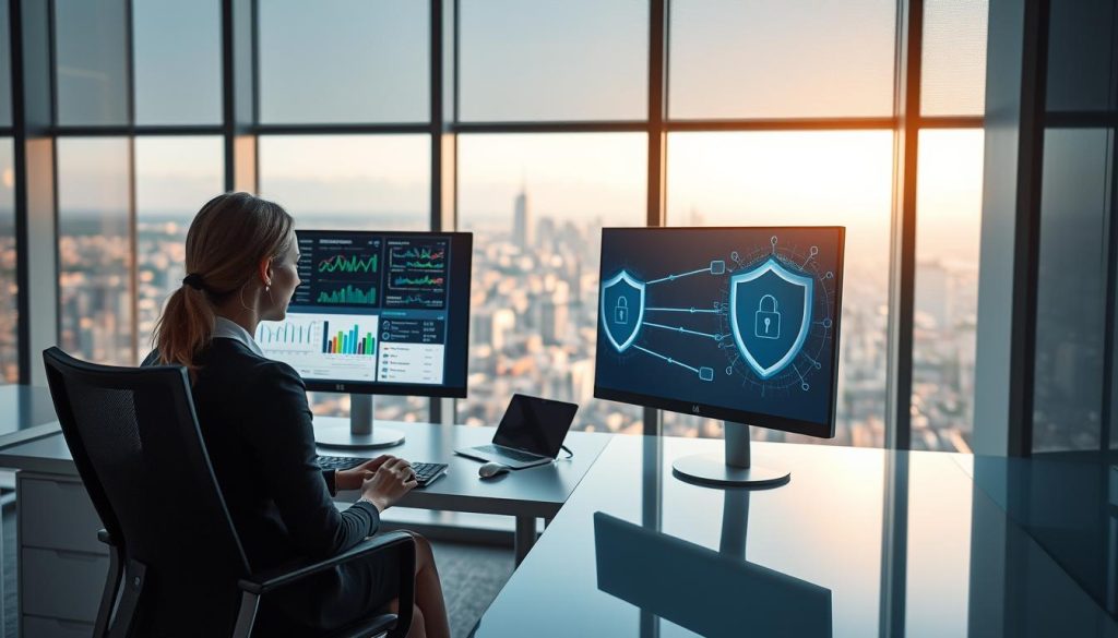 A modern office environment showcasing the concept of balancing performance and security for mission-critical workloads. In the foreground, a professional businesswoman in smart attire sits at a sleek workstation with dual monitors displaying complex data analytics and security metrics. In the middle ground, graphical representations of cloud networks and security shields converge toward the monitors, symbolizing the integration of performance and protection. The background features a panoramic view of a city skyline through large windows, with soft, natural light illuminating the scene, creating a sense of optimism and focus. The overall atmosphere should evoke professionalism, innovation, and a commitment to achieving optimal results in hybrid cloud hosting.