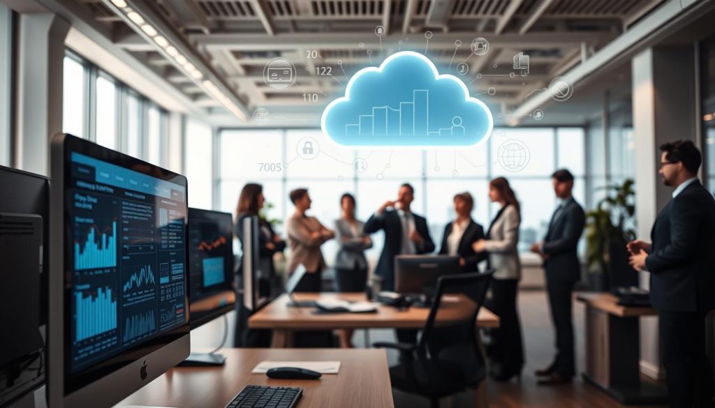 A modern office environment showcasing the concept of cloud hosting for accounting software. In the foreground, a sleek computer setup displays an interface with accounting data, illuminated by a soft glow from the screen. In the middle, a diverse group of business professionals in professional attire collaborate, discussing strategies while pointing at the screen. In the background, a digital cloud graphic hovers above the office, symbolizing cloud hosting, with subtle binary codes and graphs illustrating enhanced efficiency and data security. The lighting is bright and inviting, creating an atmosphere of innovation and productivity. The perspective is slightly angled to capture the depth of the office space, emphasizing teamwork and modern technology.