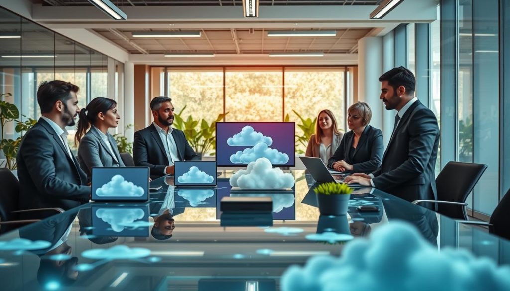 A modern office environment showcasing the concepts of managed cloud hosting. In the foreground, a diverse group of three professionals in smart business attire—two men and one woman—are engaged in a discussion around a sleek glass table filled with digital devices and cloud graphics displayed on screens. In the middle ground, a contemporary office with large windows letting in bright natural light, highlighting green indoor plants. The background features subtle abstract representations of cloud technology, like digital wires and data streams. The mood is collaborative and innovative, with a clean and polished aesthetic, using a soft focus lens to create a warm atmosphere, emphasizing professionalism and approachability.