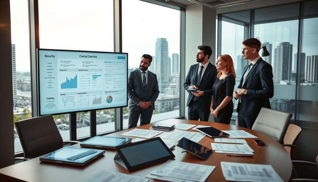 A modern office environment showcasing the theme of security standards and compliance. In the foreground, a diverse group of three professionals dressed in smart business attire, intently reviewing a large digital screen displaying complex security graphs and compliance checklists. In the middle ground, a sleek conference table scattered with digital tablets and documents featuring security protocols and guidelines. The background reveals large windows with a view of a city skyline, symbolizing connectivity and technology. Soft, focused lighting highlights the seriousness of the subject while creating a warm atmosphere. A wide-angle lens captures the depth of the space, emphasizing collaboration and professionalism within a secure workspace.