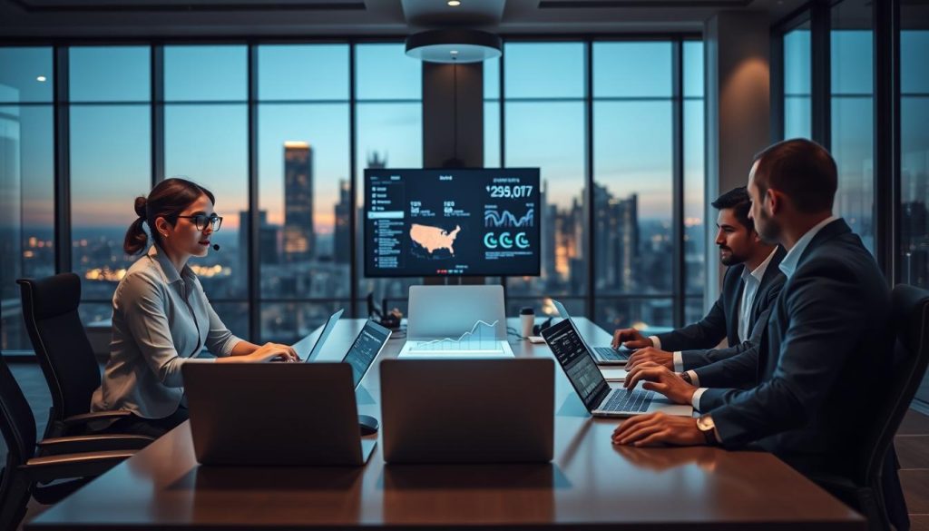 A modern office environment that conveys a sense of round-the-clock expert support. In the foreground, a diverse group of three professionals in business attire, including a woman with glasses and a man with a headset, are engaged in a lively discussion around a sleek conference table filled with laptops and digital devices. In the middle, bright screens display real-time data and charts, symbolizing analytics and monitoring. The background features large windows with a city skyline at dusk, casting a warm glow into the room. The lighting is soft yet focused, creating an inviting atmosphere. The composition symbolizes collaboration, expertise, and constant availability, underscoring the concept of reliable support in business.