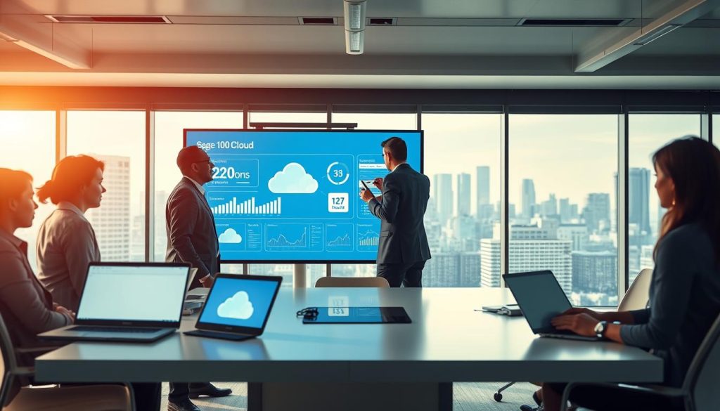 A modern office environment with a focus on cloud technology and ERP migration. In the foreground, a diverse group of professionals in business attire collaboratively discussing and examining a large digital screen displaying data and graphs related to Sage 100 Cloud. The middle ground features a sleek, contemporary desk with laptops and devices showing cloud icons and data migration visuals. In the background, large windows with natural light streaming in, highlighting a city skyline, creating a sense of openness and innovation. Soft, warm lighting enhances the atmosphere, conveying a mood of efficiency and teamwork. The angle captures the action from a slight above perspective, emphasizing engagement in the migration process.