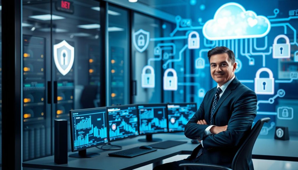 A modern office environment with a sleek, high-tech look, in the foreground a confident business professional in formal attire, sitting at a desk with multiple screens displaying complex data security graphs and digital lock icons. In the middle ground, a glass wall shows a digital server room with glowing servers and cables, symbolizing cloud infrastructure. In the background, abstract representations of security protocols such as shields, keypads, and encrypted data flowing into a cloud, create a sense of a secure network. The lighting is bright and focused, creating a tech-savvy atmosphere, with a slightly blurred depth of field emphasizing the foreground elements. The overall mood conveys trust, innovation, and safety in digital data protection practices. A modern office environment with a sleek, high-tech look, in the foreground a confident business professional in formal attire, sitting at a desk with multiple screens displaying complex data security graphs and digital lock icons. In the middle ground, a glass wall shows a digital server room with glowing servers and cables, symbolizing cloud infrastructure. In the background, abstract representations of security protocols such as shields, keypads, and encrypted data flowing into a cloud, create a sense of a secure network. The lighting is bright and focused, creating a tech-savvy atmosphere, with a slightly blurred depth of field emphasizing the foreground elements. The overall mood conveys trust, innovation, and safety in digital data protection practices.