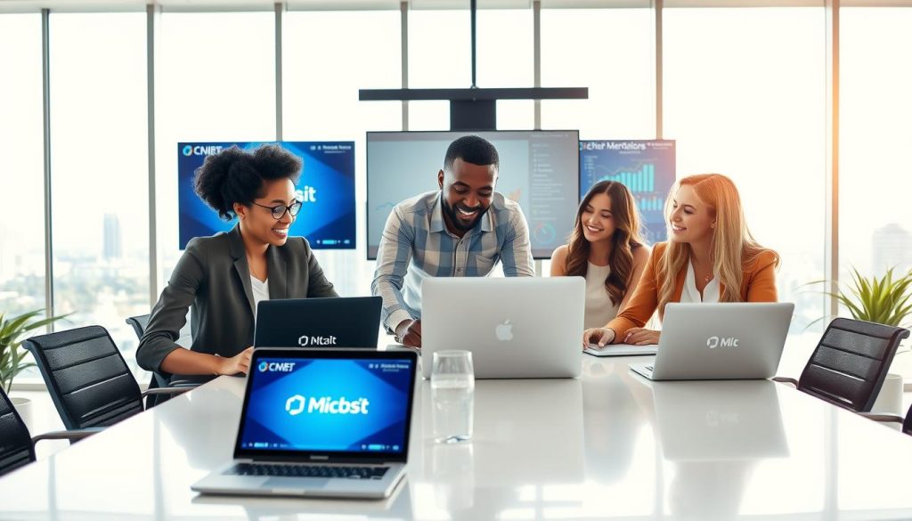 A modern office scene illustrating the concept of top recommended hosting providers for local businesses in Miami. In the foreground, a diverse group of three professionals (a Hispanic woman, an African-American man, and a Caucasian woman) collaborates at a sleek conference table, surrounded by laptops and digital devices displaying hosting provider logos. The middle ground features large windows with a view of Miami's skyline, letting in bright, natural light that enhances the vibrant atmosphere. The background includes a stylish wall-mounted screen showcasing data analytics and performance graphs. The composition should have a professional yet inviting mood, with an emphasis on teamwork and innovation in web hosting solutions. Use a wide-angle lens to capture the whole scene, ensuring clarity and focus on the collaborative elements. A modern office scene illustrating the concept of top recommended hosting providers for local businesses in Miami. In the foreground, a diverse group of three professionals (a Hispanic woman, an African-American man, and a Caucasian woman) collaborates at a sleek conference table, surrounded by laptops and digital devices displaying hosting provider logos. The middle ground features large windows with a view of Miami's skyline, letting in bright, natural light that enhances the vibrant atmosphere. The background includes a stylish wall-mounted screen showcasing data analytics and performance graphs. The composition should have a professional yet inviting mood, with an emphasis on teamwork and innovation in web hosting solutions. Use a wide-angle lens to capture the whole scene, ensuring clarity and focus on the collaborative elements.