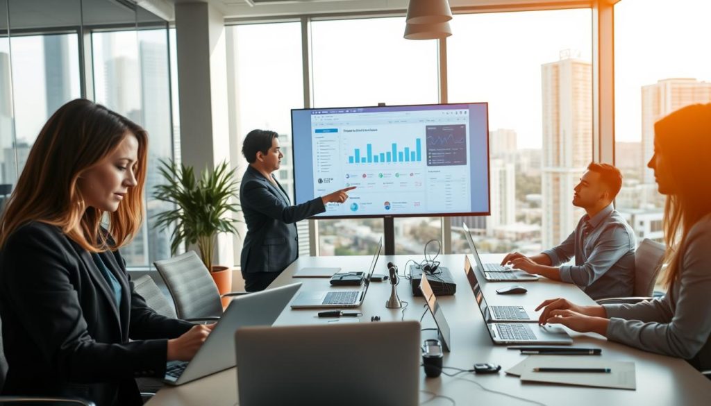 A modern office setting featuring a diverse group of professionals collaborating on a web hosting project. In the foreground, a focused woman in business attire is analyzing data on a laptop, while a man gestures enthusiastically, pointing to a large screen displaying website analytics. In the middle ground, colleagues are engaged in a brainstorming session around a conference table filled with tech gadgets, laptops, and notepads. The background reveals a vibrant Miami skyline through large windows, illuminated by soft, natural light that creates a warm and inviting atmosphere. The overall mood conveys teamwork, professionalism, and the spirit of partnership for sustainable business growth, captured with a slightly elevated angle to emphasize the collaborative environment. A modern office setting featuring a diverse group of professionals collaborating on a web hosting project. In the foreground, a focused woman in business attire is analyzing data on a laptop, while a man gestures enthusiastically, pointing to a large screen displaying website analytics. In the middle ground, colleagues are engaged in a brainstorming session around a conference table filled with tech gadgets, laptops, and notepads. The background reveals a vibrant Miami skyline through large windows, illuminated by soft, natural light that creates a warm and inviting atmosphere. The overall mood conveys teamwork, professionalism, and the spirit of partnership for sustainable business growth, captured with a slightly elevated angle to emphasize the collaborative environment.