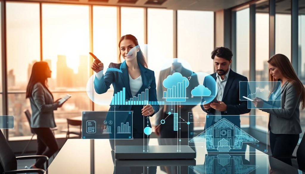 A modern office setting featuring a diverse team of professionals collaborating over digital devices, illustrating scalable cloud solutions. In the foreground, a confident woman in business attire points at a holographic cloud graphic displayed above a sleek table, while a man analyzes data on a tablet. The middle layer consists of translucent screens showing graphs and cloud architecture, symbolizing data flow and connectivity. In the background, a large window reveals a futuristic city skyline, bathed in warm, natural light. The overall atmosphere is one of innovation and teamwork, emphasizing the limitless possibilities of hybrid cloud hosting for businesses. The image should be captured with a soft focus lens to create a dynamic yet professional feel.