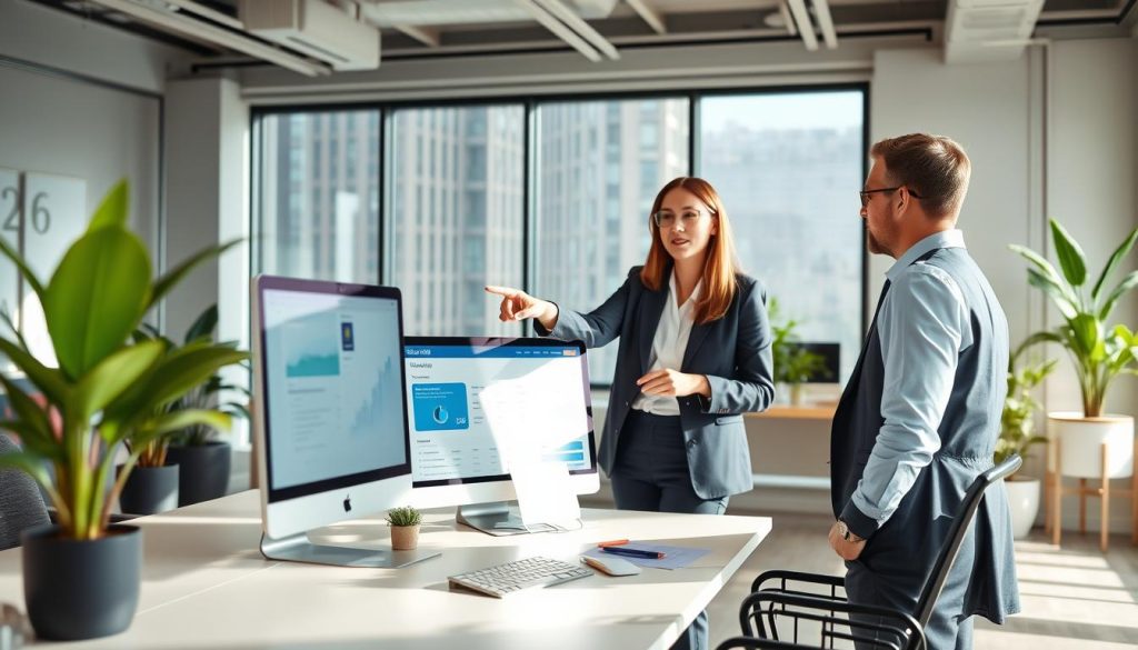 A modern office setting featuring a sleek workspace with a computer displaying the Sage 100 Cloud dashboard. In the foreground, a professional businessperson in business attire is engaged in a discussion with a colleague, pointing at the screen, emphasizing collaboration and decision-making. In the middle background, a large window lets in soft, natural light, highlighting contemporary office furniture and decor, with potted plants adding a touch of greenery. The atmosphere is focused yet inviting, conveying productivity and professionalism. The camera angle is slightly elevated, providing a clear view of the workspace while maintaining an intimate perspective on the conversation. The overall mood is one of efficiency, teamwork, and forward-thinking.