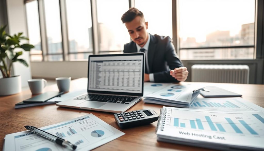 A modern office setting focused on budgeting for professional hosting services. In the foreground, a professional businessperson in business attire reviews a laptop displaying a detailed budgeting spreadsheet, surrounded by notepads and financial documents. The middle ground features a sleek wooden desk with a calculator, coffee cup, and graphs illustrating web hosting costs. In the background, a large window lets in soft, natural light, casting a warm glow over the scene and highlighting a cityscape. The atmosphere is focused and productive, conveying a sense of financial planning and strategic decision-making. Use a close-up angle to emphasize the documents and expressions, ensuring a clear, engaging view of the budgeting process.