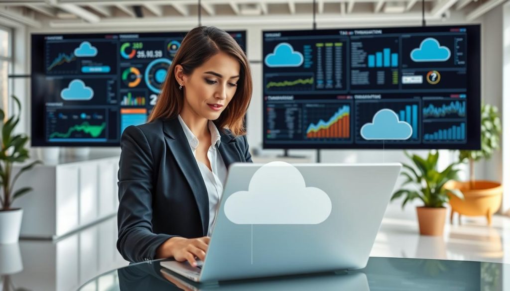 A modern office setting focusing on centralized data access for tax preparation. In the foreground, a professional businesswoman in smart casual attire, deeply engaged with a sleek laptop, surrounded by digital screens showcasing organized data and analytics visuals. The middle ground features a high-tech workspace with cloud symbols subtly integrated, connected various data streams, and tax-related graphs. The background reveals a bright, open-plan office with soft natural lighting streaming through large windows, greenery for a touch of freshness, and minimalistic décor to enhance a clean atmosphere. Capture the mood of productivity and efficiency, emphasizing a seamless workflow in a contemporary financial environment.