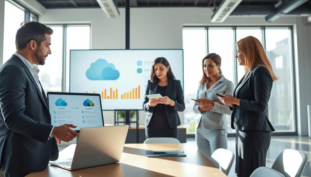 A modern office setting showcasing a diverse group of professionals engaged in a collaborative discussion about selecting the right cloud service provider. In the foreground, a man in a tailored suit points to a laptop displaying cloud service options while a woman in a smart business dress takes notes. The middle ground features a large screen with graphs and cloud icons, emphasizing analytics and features. In the background, bright windows let in natural light, creating an open and inviting atmosphere. Soft shadows enhance the focus on the group. The overall mood is focused and professional, reflecting teamwork and strategic decision-making in a high-tech environment, captured with a wide-angle lens to emphasize space and interaction.